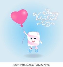 Marshmallow fly on a balloon in the form of a heart. Postcards for Valentine's Day.