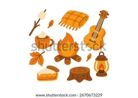 Marshmallow, Guitar, Blanket, Pie, Lantern, Mug, Fire, Log bench, Cocoa, Leaves flat colorful icons set. Thanksgiving Bonfire Party cartoon element design collection. Vector illustration.