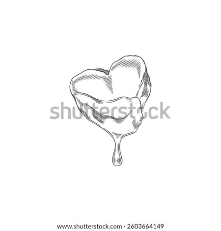 Marshmallow heart shape in melted chocolate hand drawn vector engraved illustration. Fondue sketch. Sweet snack, dessert food isolated on white background. Soft candy ink style