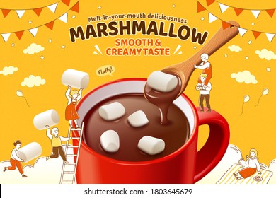 Marshmallow hot chocolate ad in 3d illustration, with cute hand drawn miniature people playing around the mug