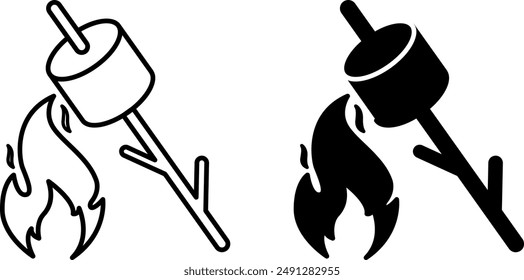 Iconos de malvavisco. Iconos vectoriales en blanco y negro. Malvaviscos en un palo asado sobre un fuego. Comida para turistas. Concepto de camping