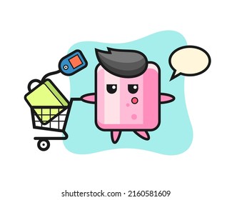 marshmallow illustration cartoon with a shopping cart , cute style design for t shirt, sticker, logo element