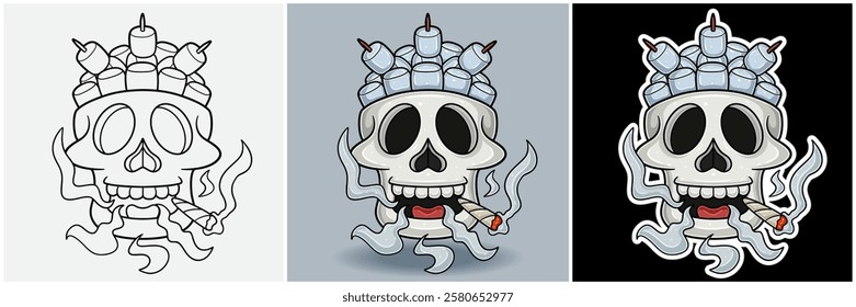 Marshmallow Inside Skull Head With Smoking Character Cartoon. Black White, Colorful and Sticker Style. For T shirt print, Brand Logo, Label and Mascot product. Vectors Illustrations