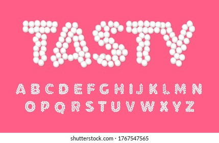 Marshmallow letters, sweet, tasty and cute font, white letters of dots on pink color background, vector typography for holidays.