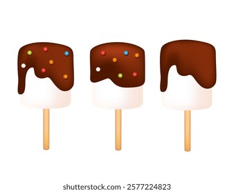 Marshmallow lollipops with chocolate and confetti arranged on wooden sticks. Yummy candy. Sweet tasty dessert, sugar food. Vector illustration isolated on white background