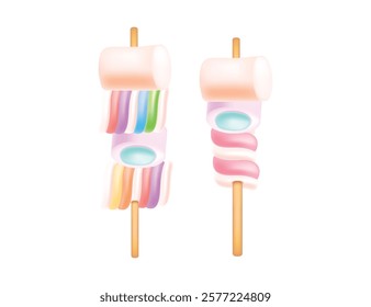 Marshmallow lollipops in multicolor, arranged on wooden sticks. Yummy candy. Sweet tasty dessert, sugar food. Vector illustration isolated on white background