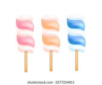 Marshmallow lollipops in pink, blue, and orange, arranged on wooden sticks. Yummy candy. Sweet tasty dessert, sugar food. Vector illustration isolated on white background