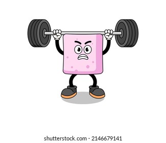 marshmallow mascot cartoon lifting a barbell , character design