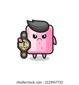 marshmallow mascot character as a MMA fighter with the champion belt , cute style design for t shirt, sticker, logo element