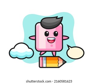 marshmallow mascot illustration riding on a giant pencil , cute style design for t shirt, sticker, logo element