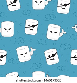 Marshmallow mermaid and pirate pattern. Ocean wave, bubble. Cartoon vector. Kawaii style. Wrapping paper, poster, banner, cover.