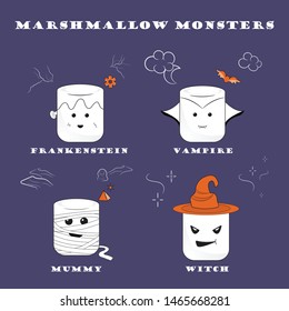 Marshmallow monsters set vector illustration. Isolated on violet background. Halloween witch, vampire, mummy, frankenstein