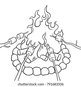 Marshmallow on bonfire coloring vector illustration. Isolated image on white background. Comic book style imitation.