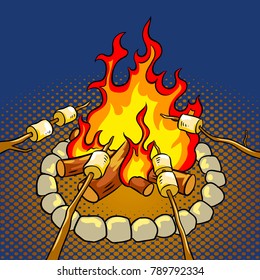 Marshmallow on bonfire pop art retro vector illustration. Color background. Comic book style imitation.