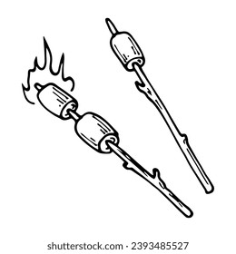 Marshmallow on branch sketch. Camp food by fire. Hand drawn illustration.