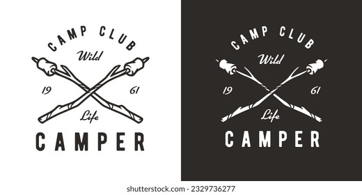 Marshmallow on a camping stick for canpfire. Forest wild outdoor adventure isolated element