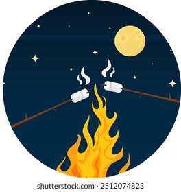 Marshmallow on fire, marshmallow icon, marshmallow sticks on fire. Vector, cartoon illustration. Vector.