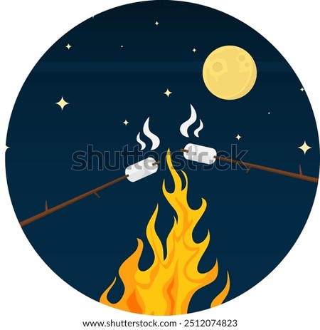 Marshmallow on fire, marshmallow icon, marshmallow sticks on fire. Vector, cartoon illustration. Vector.