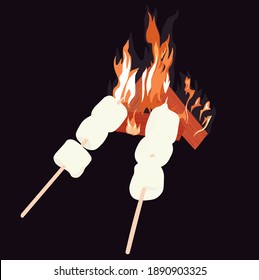 Marshmallow on fire vector stock illustration. Night trip, rest. Hot marmalade on the fire. Realistic. Poster. meeting with friends in nature.