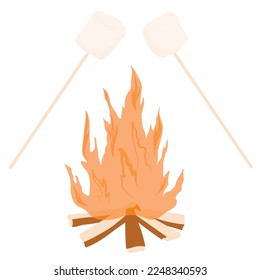 Marshmallow on fire vector stock illustration. Night trip, rest. Hot marmalade on the fire. Realistic. Poster. meeting with friends in nature.