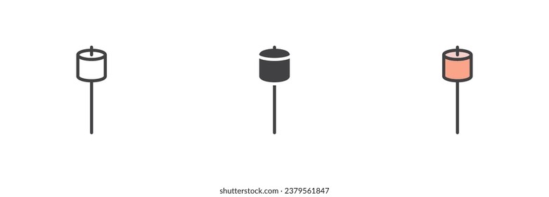 Marshmallow on stick conjunto de iconos de estilos diferentes. Línea, glifo y contorno relleno versión colorida, contorno y signo vectorial relleno. Símbolo, ilustración del logotipo. Gráficos vectoriales