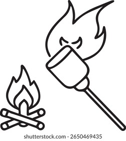 Marshmallow on Stick Icon, Campfire Treat for Outdoor Cooking, Clean Minimal Camping Food Vector in Black Line Style