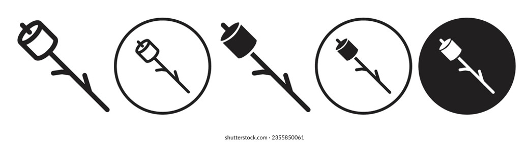 Marshmallow on stick icon. Toasted roasted sweet candy burn on grill for outdoor picnic symbol. Travel campsite fire heated sugar ball logo. Vector set of camp cooking party treat. fluffy food dessert