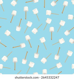 Marshmallow on a stick seamless pattern. Flat vector clipart, illustration with isolated background.