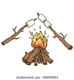 Marshmallow On Wooden Stick With Campfire And Using Doodle Style