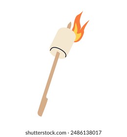 Malvavisco en palo de madera. Un malvavisco en cruzado, icono aislado sobre fondo blanco. Postre asado al fuego. Diseño plano de dibujos animados. Ilustración vectorial.