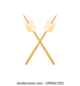 Marshmallow on wooden stick. Two marshmallows in crossed, icon isolated on white background. Roasted dessert on bon fire. Cartoon flat design. Vector illustration.