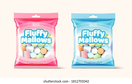 Marshmallow packets isolated on white background in 3d illustration