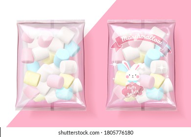 Marshmallow packets on pink and white background in 3d illustration