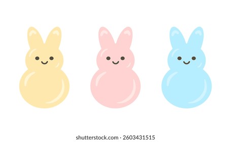 Marshmallow peeps, Easter bunnies different colors set. Small cute colorful rabbit candy. Collection sweet confectionery. Vector flat illustration