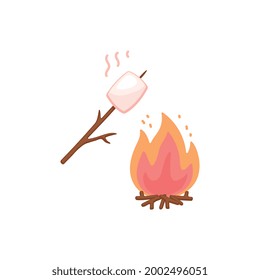 Marshmallow piece on skewer roasting on forest bonfire, flat vector illustration isolated on white background. Campfire sweet treat of grilled marshmallow.