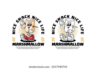 marshmallow retro cartoon character mascot with walking pose and showing check ok hand