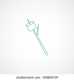 Marshmallow Roasted On Stick Green Line Icon On White Background