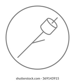 Marshmallow roasted on wooden stick line icon.