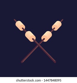 Marshmallow roasting hand drawn flat color vector icon. Marshmallows on skewers at night sky cartoon. Design element of campsite bonfire summer party. Wood campfire poster background illustration