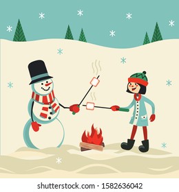 Marshmallow roasting on campfire flat color vector poster. Cute girl, snowman roast marshmallows on stiks cartoon. Winter nature outdoor fun activity. Winter season leisure background illustration