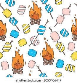 Marshmallow seamless pattern. Marshmallow with bonfire, fried marshmallow. Hand drawn vector pattern.