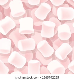 Marshmallow seamless pattern. Tasty marshmallows on pink background. Candy texture.