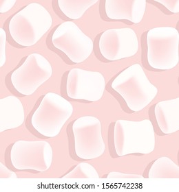 Marshmallow seamless pattern. Tasty marshmallows on pink background. Candy texture.