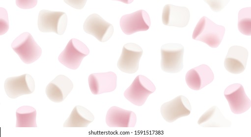 Marshmallow seamless texture. Tasty white and pink marshmallows isolated on white background. Marshmallow candy seamless background.