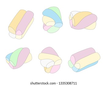 Marshmallow. Set of different cartoon varicolored marshmallow. Zephyr. Dessert. Vector illustration on white background