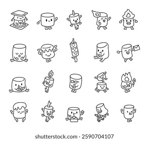 Marshmallow set featuring adorable characters in various emotions and activities, including smiling, sleeping, laughing, waving, greeting, riding a scooter, meditating and celebrating special moments.