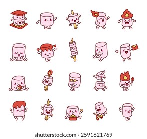 Marshmallow set featuring adorable characters in various emotions and activities, including smiling, sleeping, laughing, waving, greeting, riding a scooter, meditating and celebrating special moments.