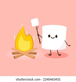 Marshmallow sentado cerca de la ilustración del vector de incendios. Vector de dibujos animados malvavisco.