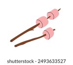 Marshmallow skewers. Fluffy sweet barbecue food, treat, dessert for camping, picnic. Soft candies on tree twigs, sprigs, sticks for cookout. Flat vector illustration isolated on white background