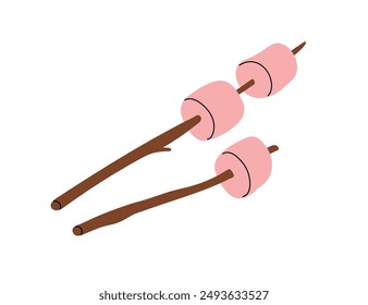 Marshmallow skewers. Fluffy sweet barbecue food, treat, dessert for camping, picnic. Soft candies on tree twigs, sprigs, sticks for cookout. Flat vector illustration isolated on white background